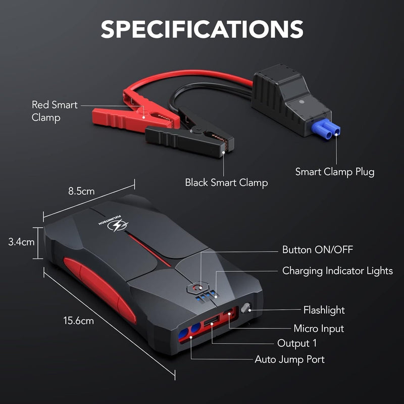 FLYLINKTECH Starthilfe Powerbank, 2500A Spitzstrom Tragbare Auto Starthilfe 12V für 6.0L Benzin und