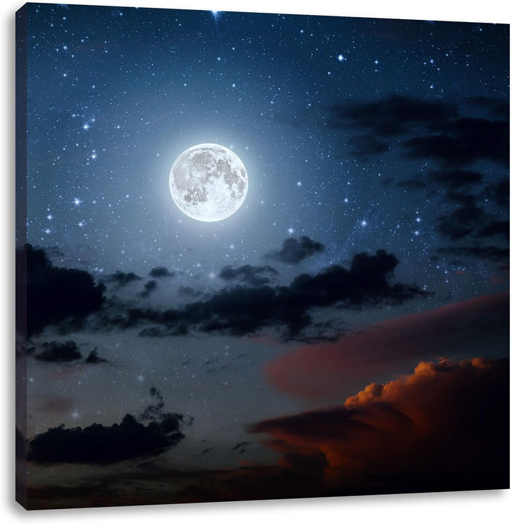 Pixxprint Leuchtender Mond am Nachthimmel, Format: 70x70 auf Leinwand, 70x70