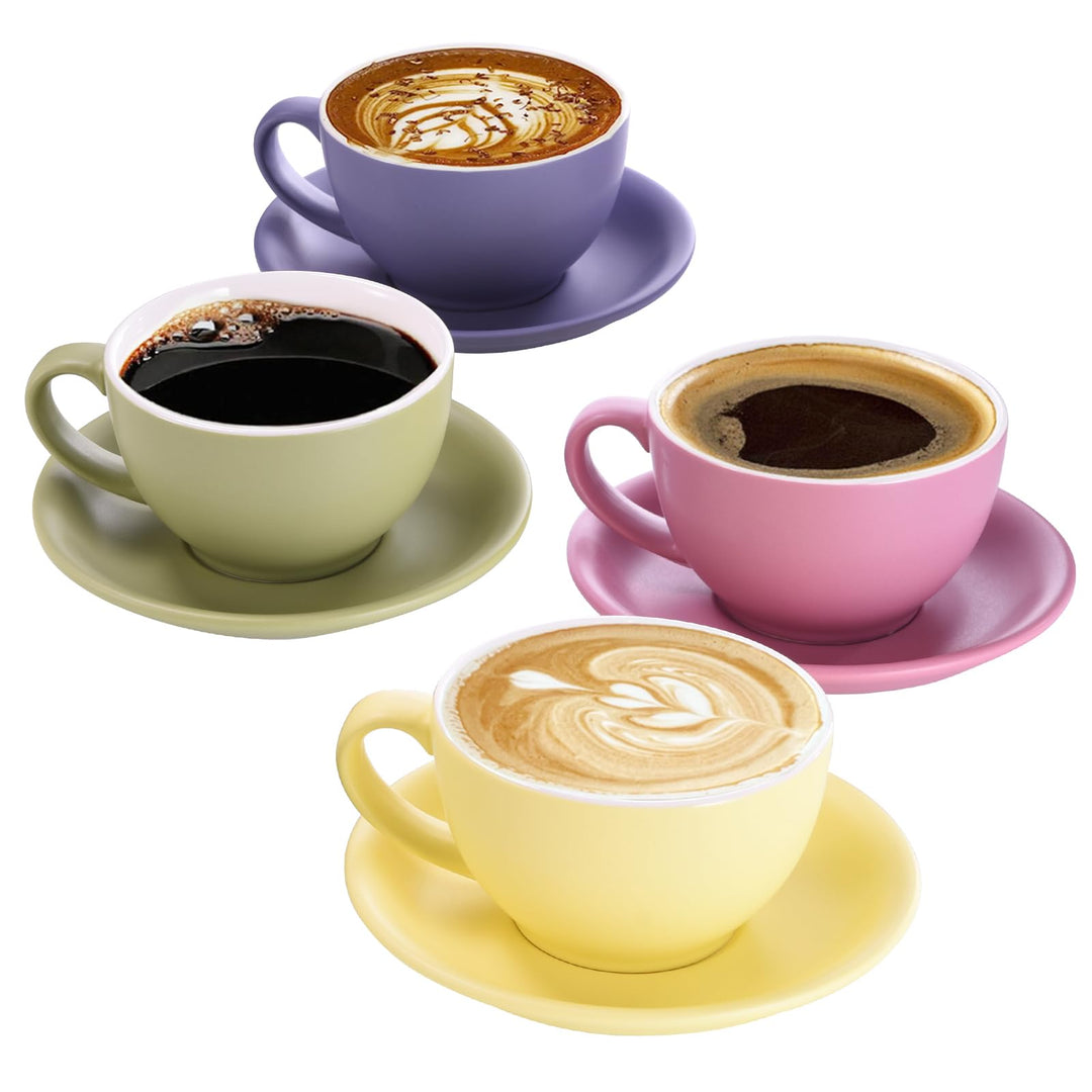 Yundu Cappuccinotassen Set 4x 300ml – Keramik-Kaffeetassen mit Untertassen, Mattierte Helltöne-Mix f