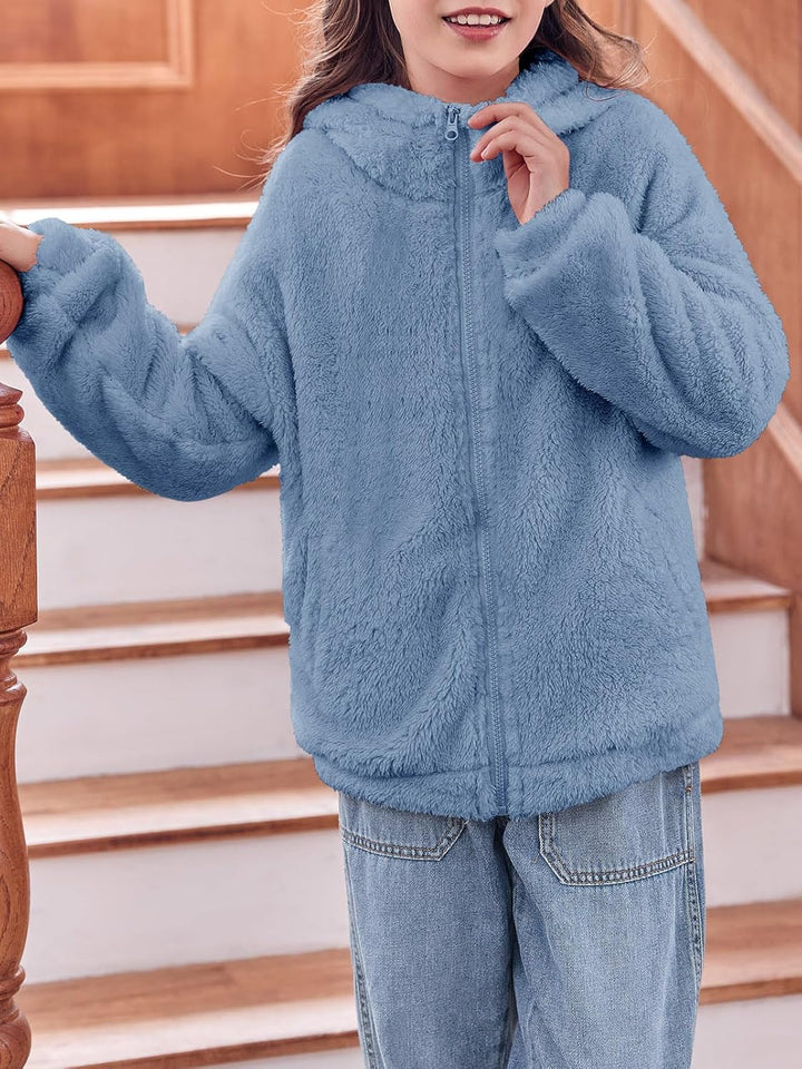 Haloumoning Mädchen Fleece Jacken Kinder Weich Fuzzy Kapuzenpullover Winter Coat Jacke 7-8 Jahre Bla