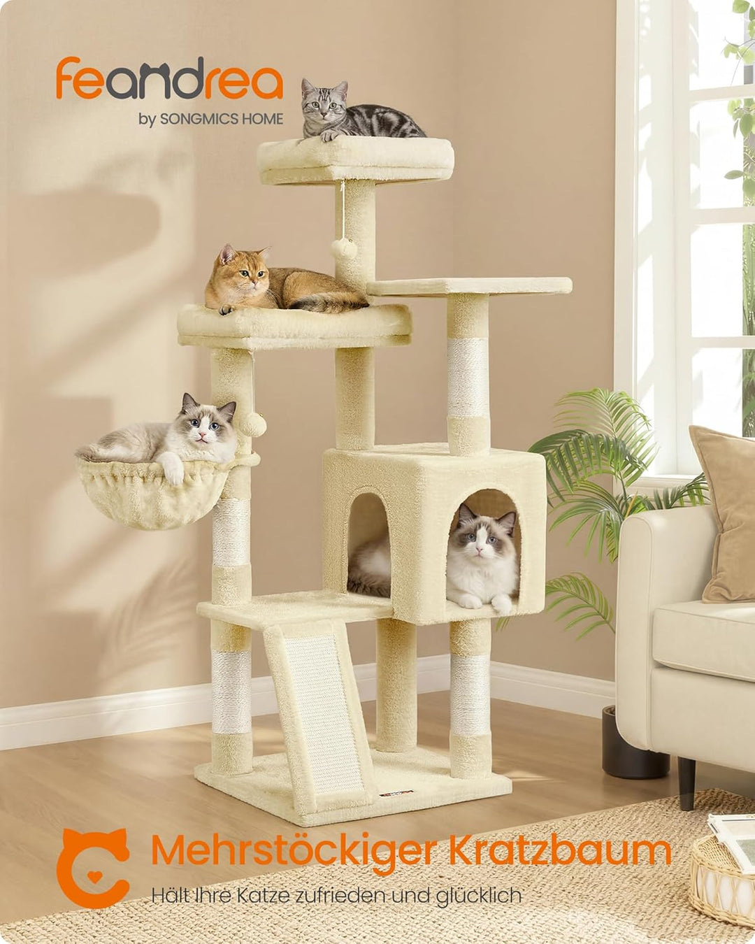 Feandrea Kratzbaum, 136 cm hoch, Katzenbaum, mehrstöckiges Katzenhaus, mit 4 Kratzsäulen, 3 Plattfor