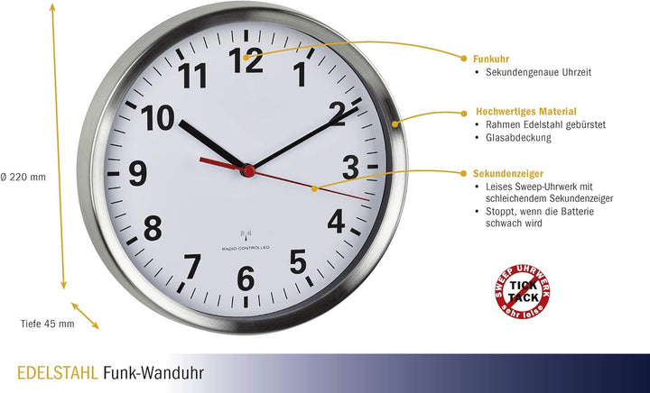 TFA Dostmann Funkwanduhr, mit geräuscharmen Sweep Uhrwerk, Glas, leise, analoge Wanduhr, edelstahl/w