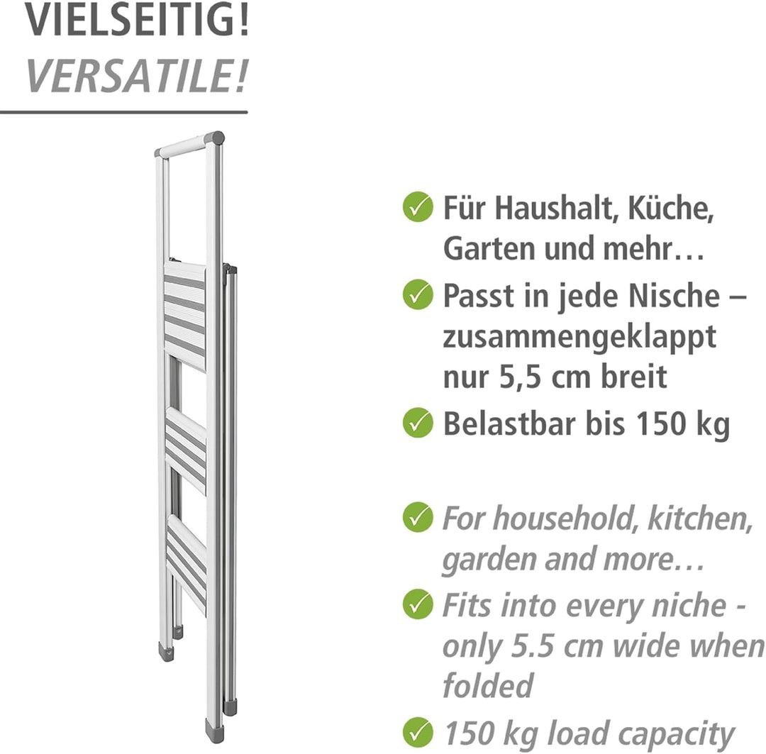 WENKO Leichte Aluminium Trittleiter mit 3 Stufen für 75 cm höheren Stand, rutschsichere XXL-Stufen,