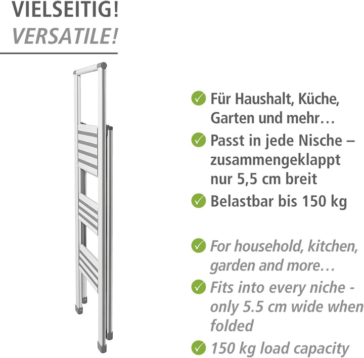 WENKO Leichte Aluminium Trittleiter mit 3 Stufen für 75 cm höheren Stand, rutschsichere XXL-Stufen,