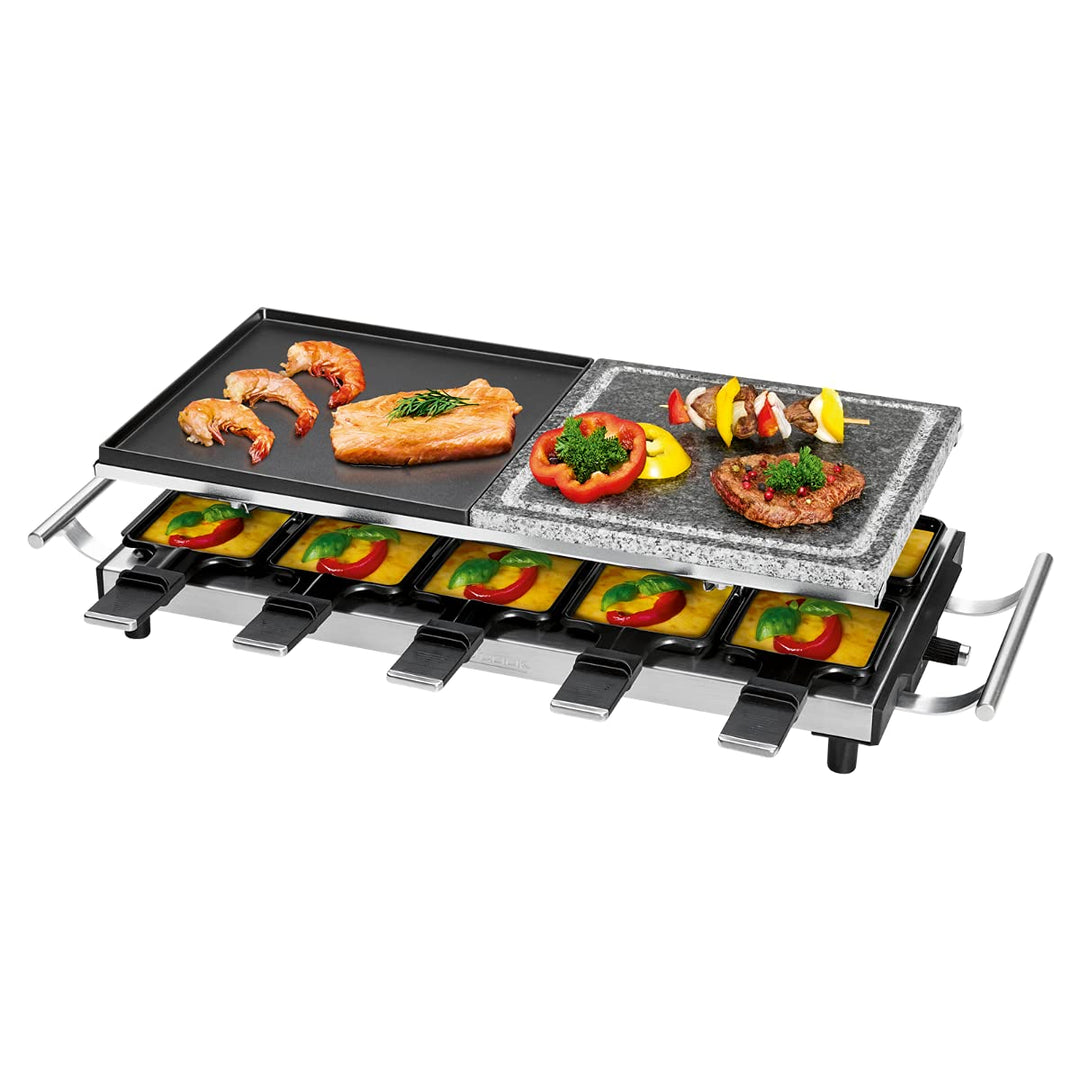 ProfiCook PC-RG 1144 Raclette/Tischgrill mit Naturgrillstein und Wendegussplatte, 10 Pfännchen, 10 H