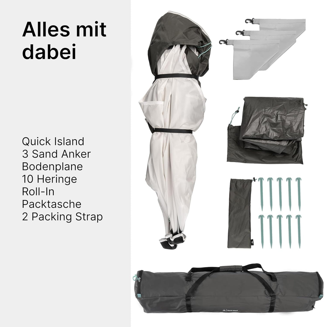 qeedo Quick Island Strandmuschel - grosse Quick-Up Strandmuschel mit 3 Eingängen, Sichtschutz &amp; Wind