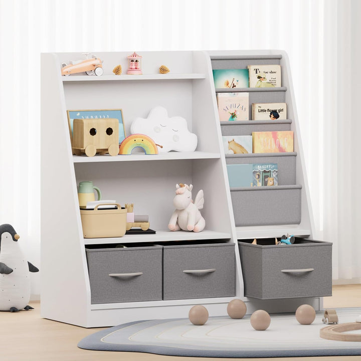 NACHES Kinderregal mit 3 Aufbewahrungsboxen aus Vliesstoff, Bücherregal Kinder Montessori mit 4 Abla