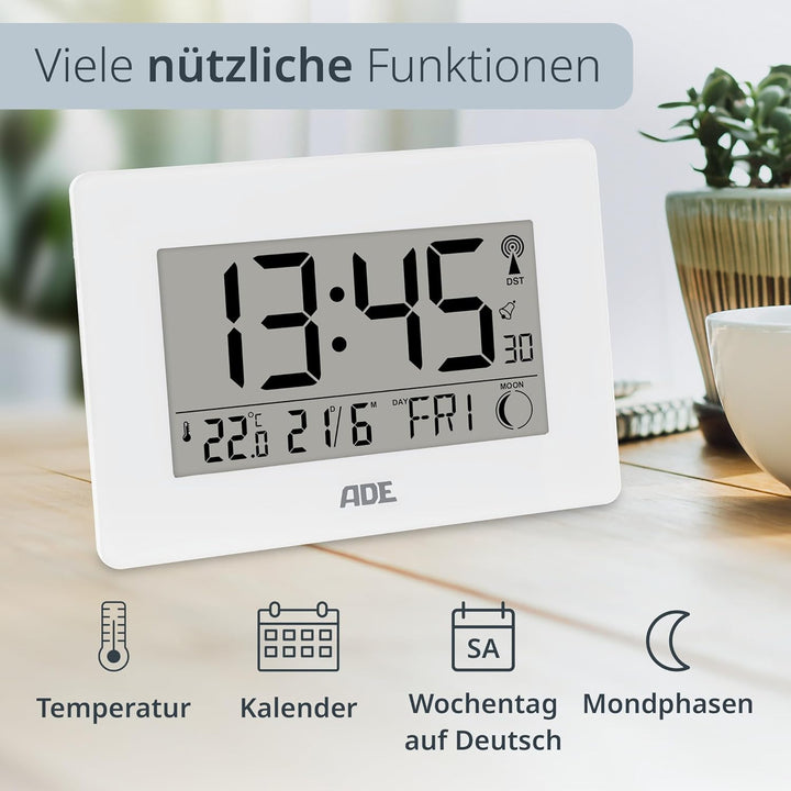 ADE Grosse Funkuhr digital mit XXL-Ziffern | Tischuhr mit Kalender und Wochentag | Digitale Uhr mit