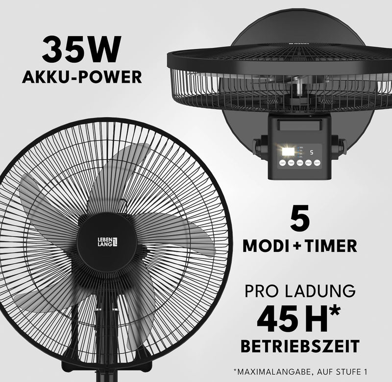 LEBENLANG Akku Ventilator Batteriebetrieben - 3600mAh bis zu 45h Laufzeit Inkl. Fernbedienung & 5 Ro