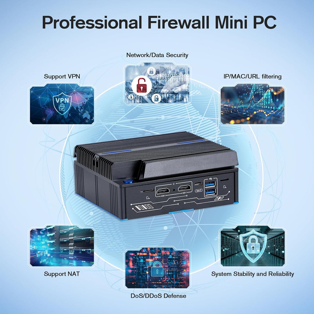 Lüfterloser Firewall-Mini-PC 6 x Intel LAN Ethernet (bis zu 2,5 GbE) Intel CORE 6006U, 8 GB DDR4 128