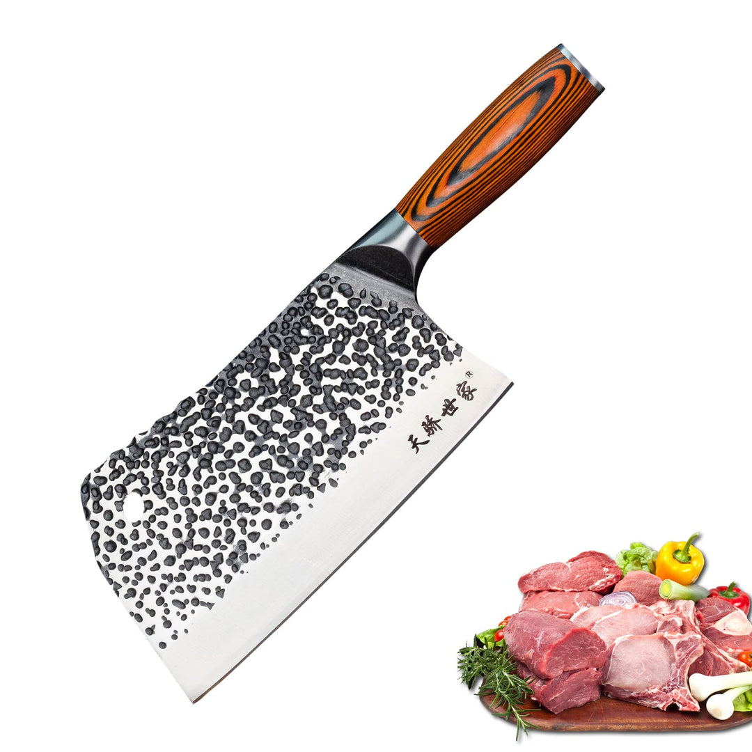 TJ POP Hackmesser Chinesisches Kochmesser Professionelles 19.4cm, Scharfer Full-Tang Fleischerbeil,