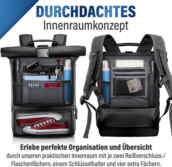 HEAVER® Rucksack Rolltop schwarz mit Schuh- und Laptopfach, für Damen und Herren, Flexibles Volumen
