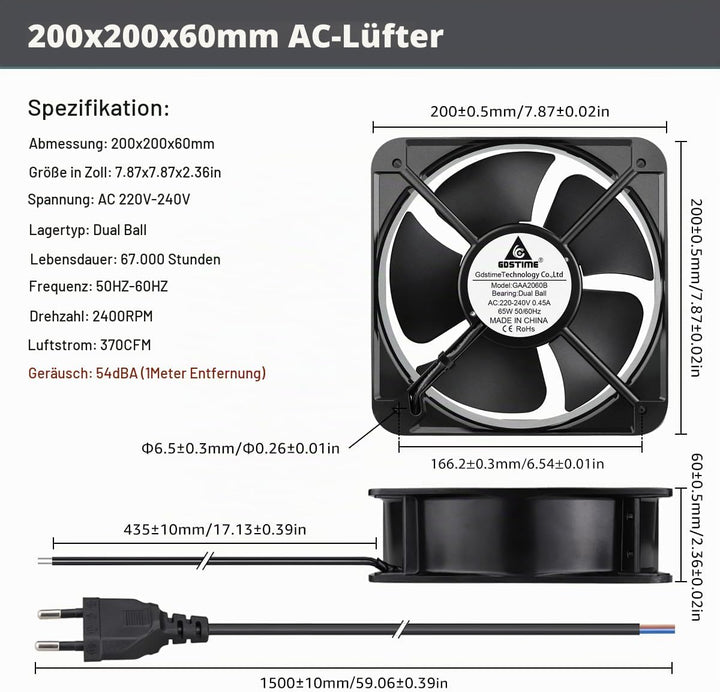 GDSTIME Lüfter 230V 200mm x 60mm 220V Lüfter Dual Kugellager 200mm Lüfter 20060 Axial Kühlung Lüfter