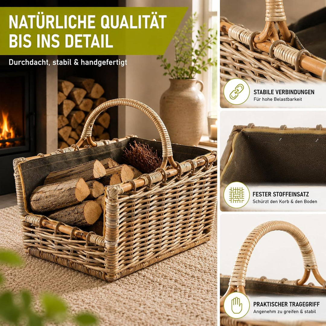 Kobolo Kaminholzkorb Holztrage für Kaminholz -Rattan grau abnehmbarer Textileinsatz in