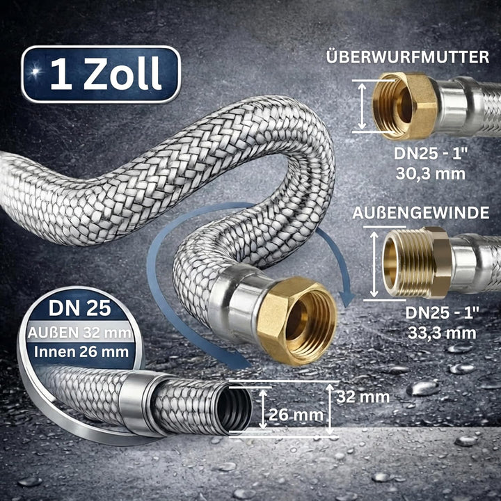 DVGW gep. Panzerschlauch 1 Zoll DN25 Edelstahl Flexschlauch Wasseranschluss Heizung Enthärtungsanlag