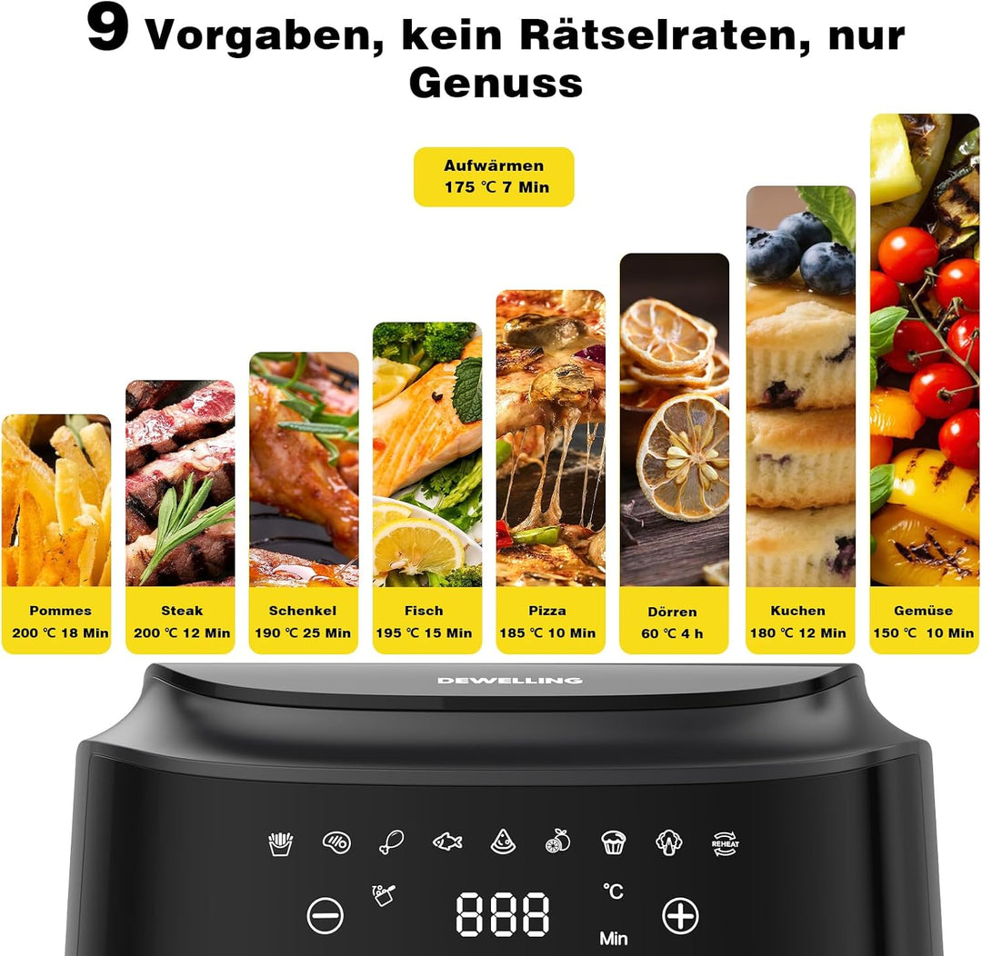 Airfryer XL 6L, Heissluftfritteuse mit Sichtfenster, Heissluftfriteuse mit Touch Screen, 9 Programme