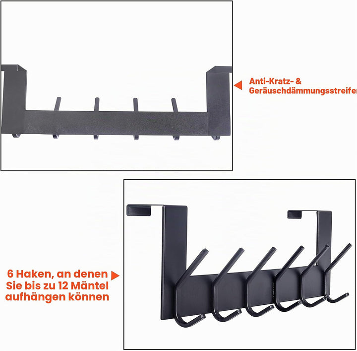 SKOLOO Türgarderobe zum Einhängen - für Türen bis 4,5 cm Dicke, Edelstahl Türhakenleiste mit 6 Haken