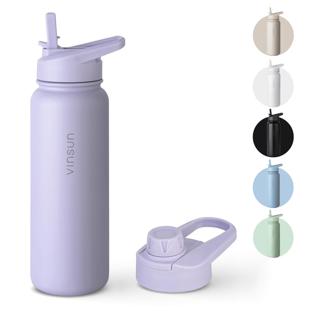 Vinsun Thermoflasche lila 750ml inkl. 2 Deckel - Strohhalm &amp; Trinköffnung Lila 750 ml, Lila 750 ml