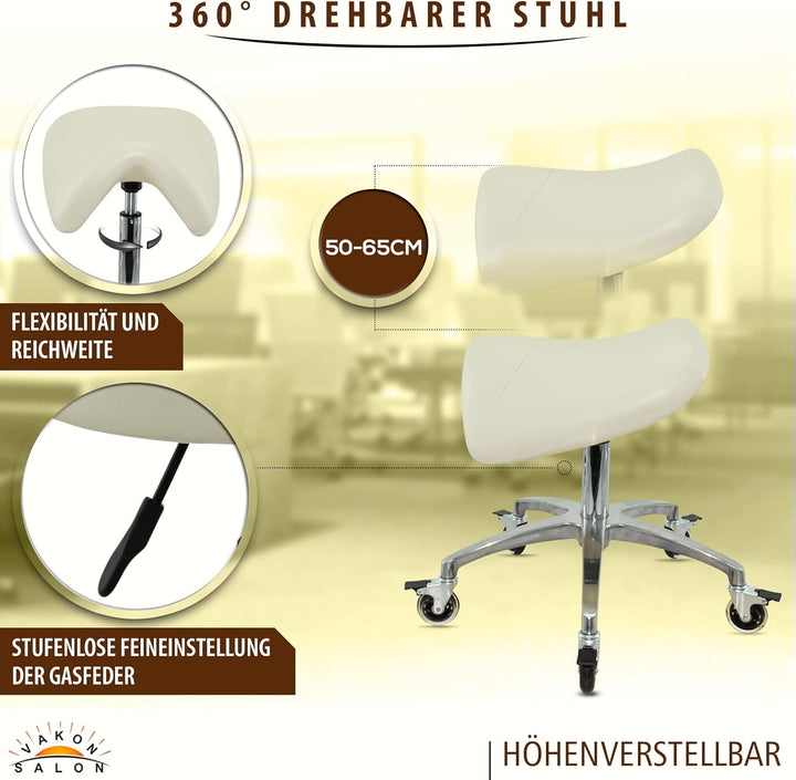 Premium Sattelhocker weiss mit Bremse, Sattelstuhl für Rückenentlastung, Rollhocker höhenverstellbar