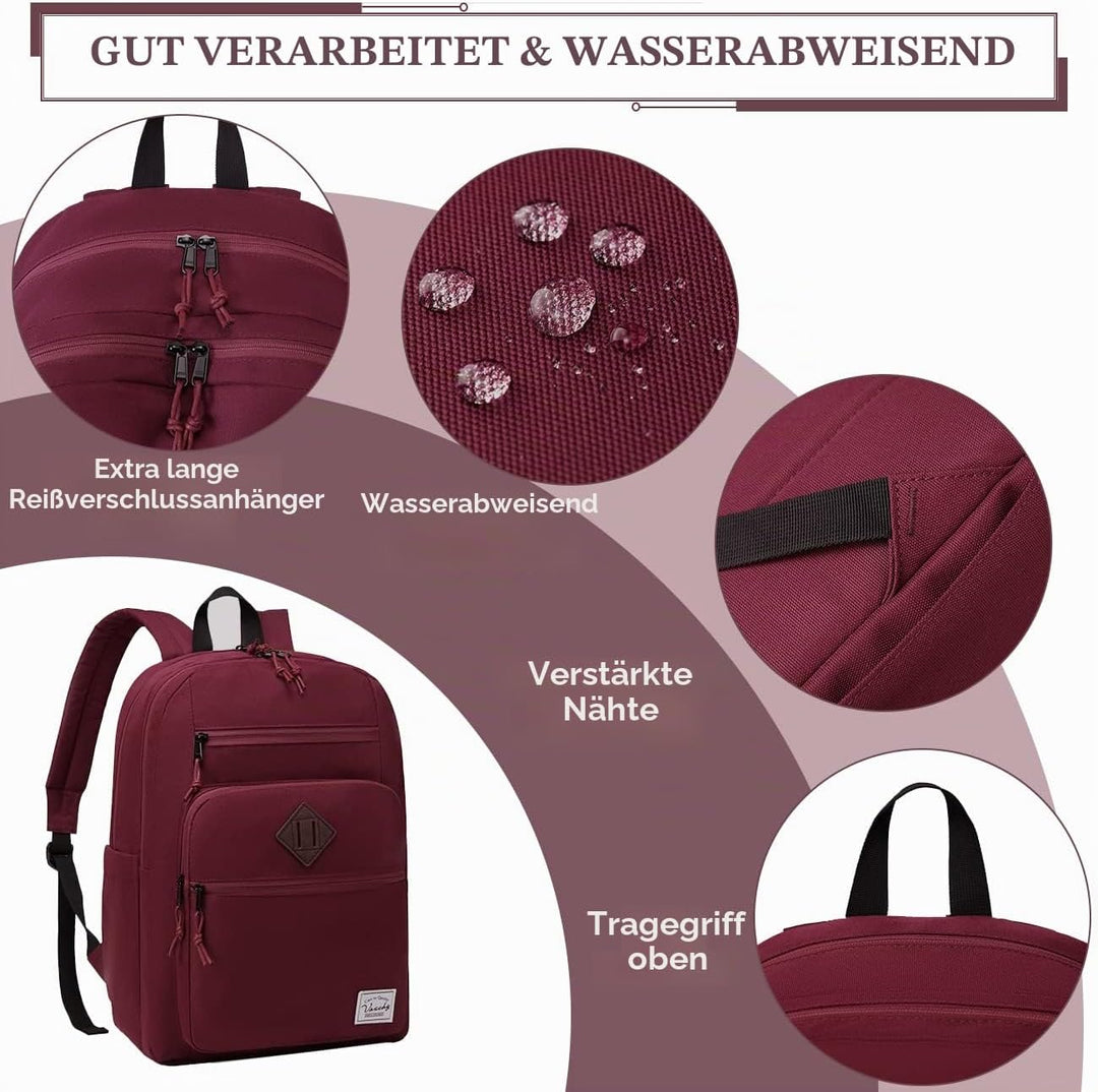 Rucksack Herren Dame, VASCHY Schulrucksack Teenager Kinder 21L Handgepäck Burgunderfarben, Burgunder