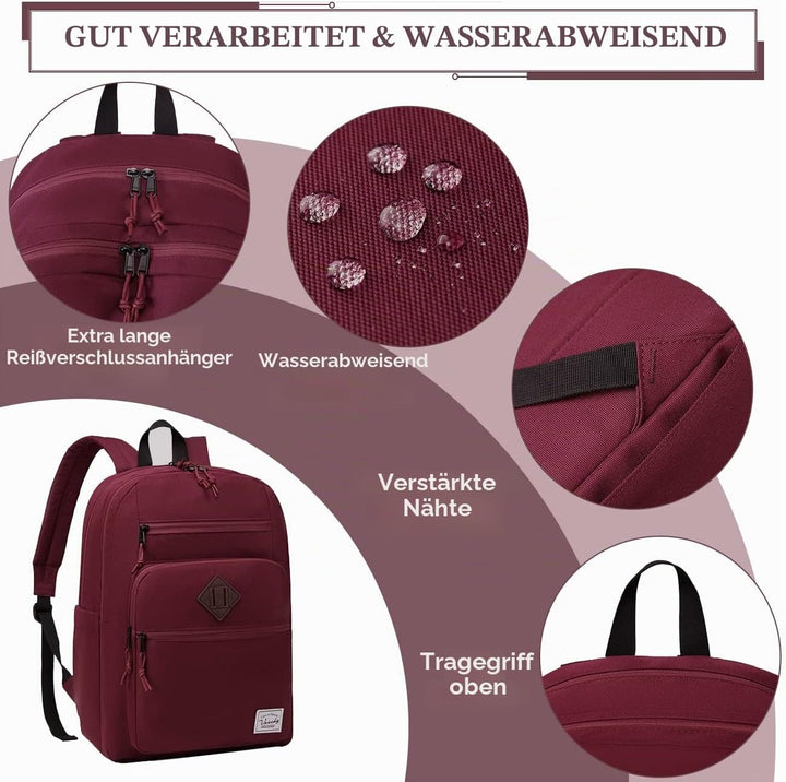 Rucksack Herren Dame, VASCHY Schulrucksack Teenager Kinder 21L Handgepäck Burgunderfarben, Burgunder