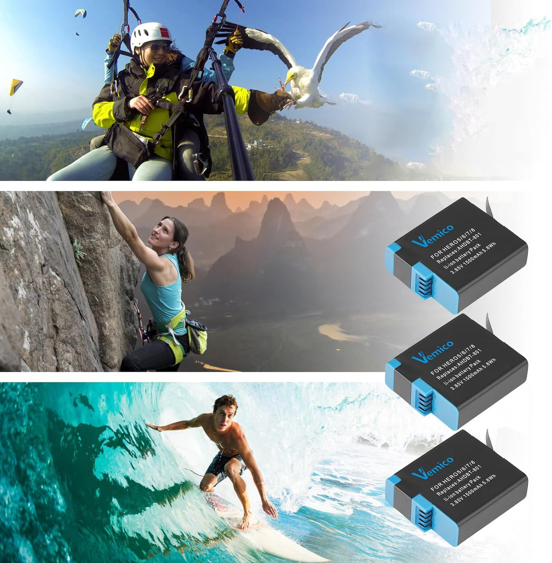 Vemico Hero 8 Akku Ladegerät Kit 3 Pack 1500 mAh ErsatzAkku 3 Kanal Ladebox Typ-C USB Mit Einem Schu