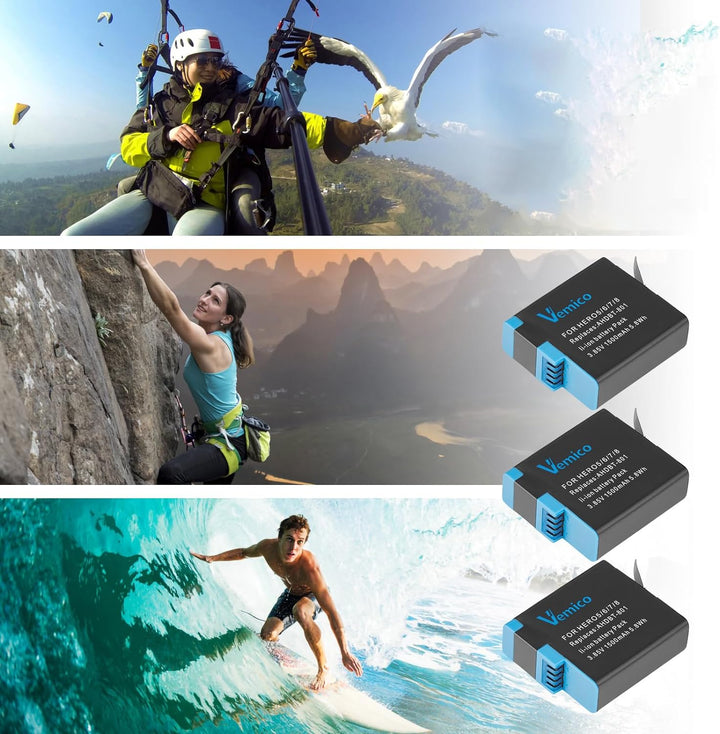Vemico Hero 8 Akku Ladegerät Kit 3 Pack 1500 mAh ErsatzAkku 3 Kanal Ladebox Typ-C USB Mit Einem Schu