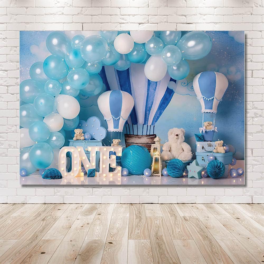 MEHOFOND 2,4 x 1,8 m blauer Junge 1. Geburtstag Fotografie Hintergründe Luftballons Heissluftballon