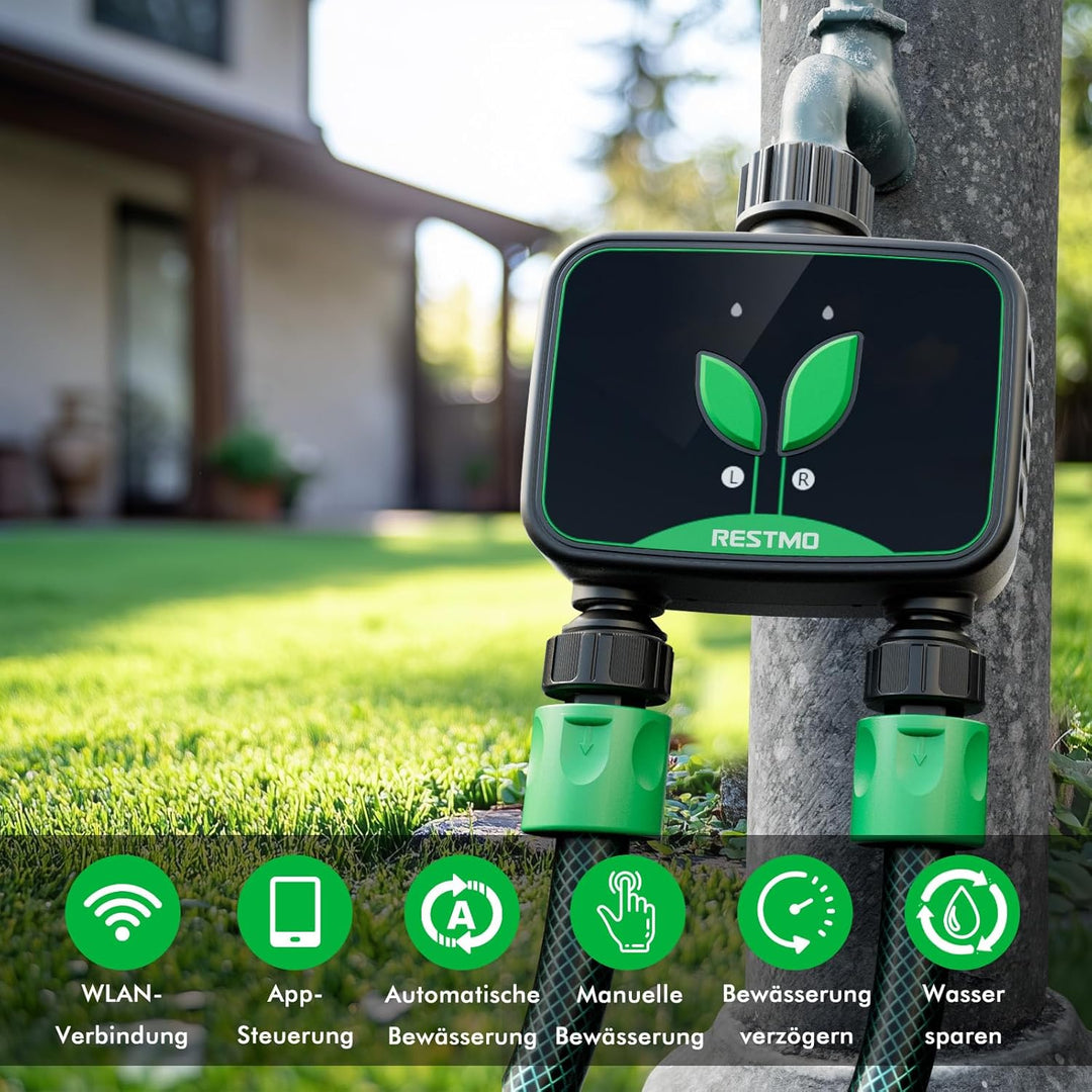 RESTMO WiFi-Bewässerungscomputer, programmierbare Wasserzeitschaltuhr für die Gartenbewässerung, 3 B