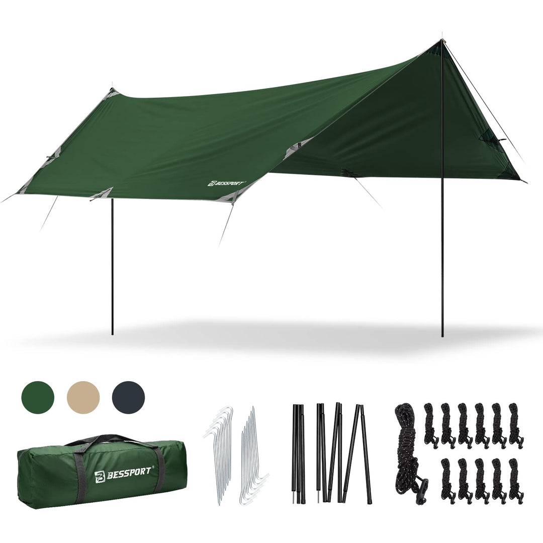 Bessport Tarp, Zeltplane Wasserdicht, 3x4.6m Mit Stützstange, Erdnägeln und Nylonschnur, Ultraleicht