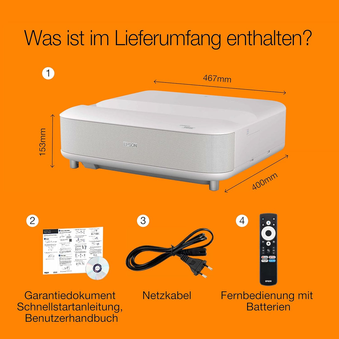 Epson Lifestudio Grand EH-LS670W, Smart-Laserprojektor, 4K PRO-UHD, Ultrakurzdistanz, Sound by Bose,