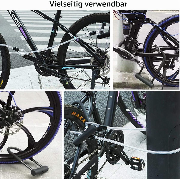 DINOKA U-Bügelschloss für Fahrrad, robustes D-Schloss, hohe Sicherheit, mit flexiblem Stahlseil 1,2