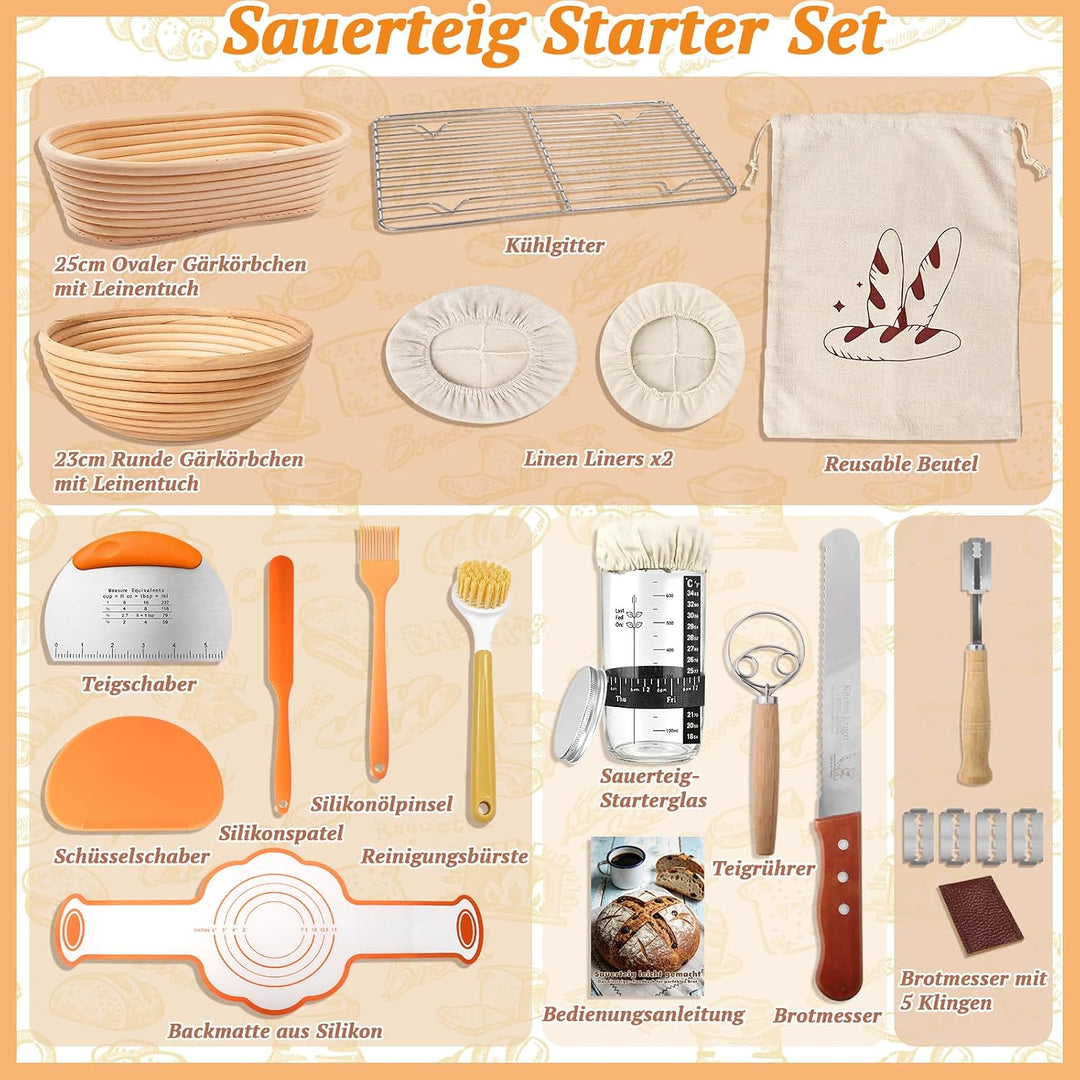 Sauerteig Starter Set mit 2 Gärkörbchen, Brotbackzubehör für Hobbybäcker | Brot Gärkorb Set mit Gärk