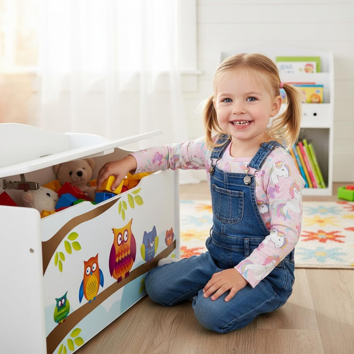 Leomark Kinderbank Hölzerne - Eulen XL - Kindertruhenbank, Behälter für Spielzeug, Truhe für Kinderz