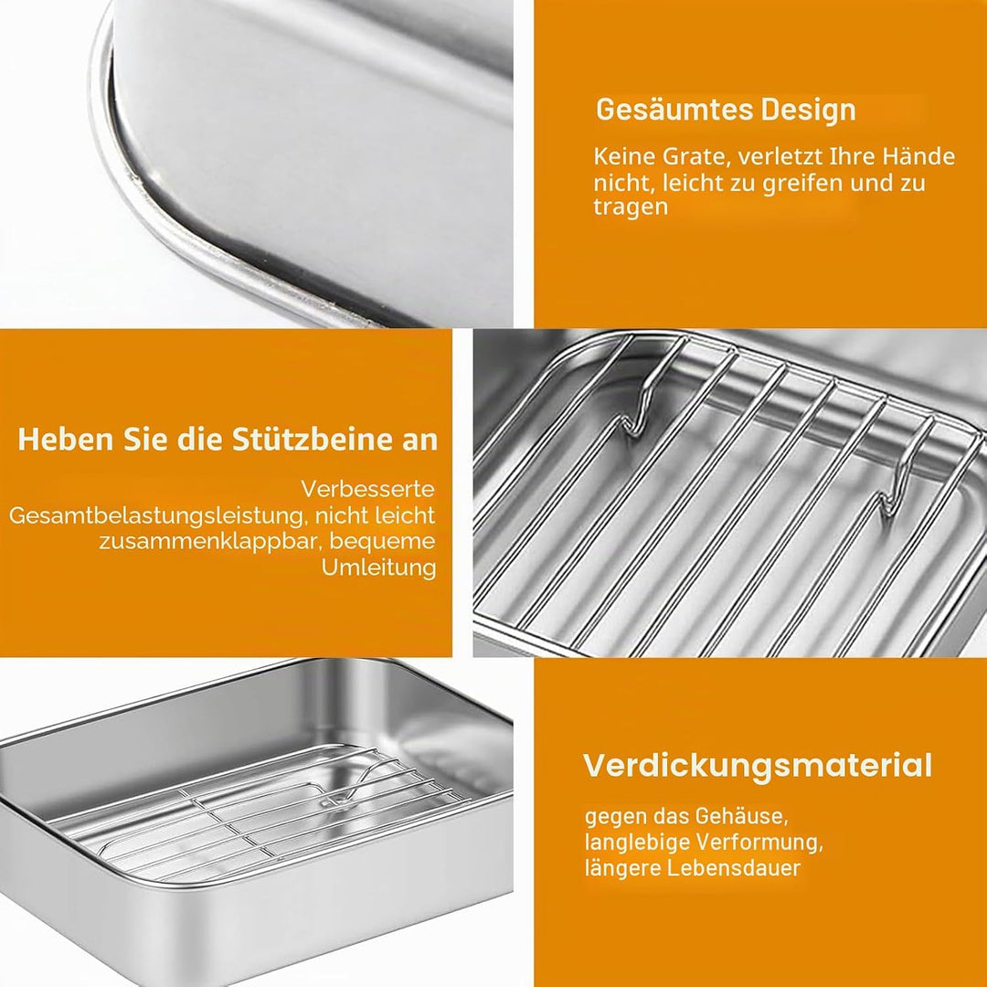 Edelstahl Auflaufform für Airfryer 20x15.3x5cm, Antihaft Backform mit Abtropfgitter & Hitzeschutzgri