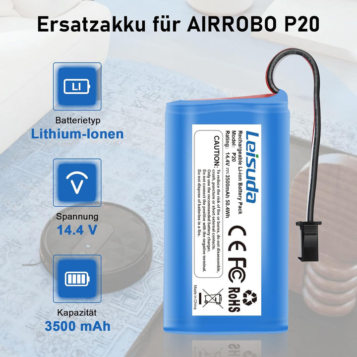 Ersatzakku für AIRROBO P20 Roboterstaubsauger, 14.4 V 3500 mAh Lithium-Ionen-Akku mit Mehreren Schut