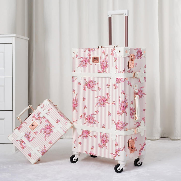 Unitravel Vintage Koffer Set 2 Teilig, Retro PU-Leder Handgepäck Koffer mit Kosmetikkoffer, Rosa Flo