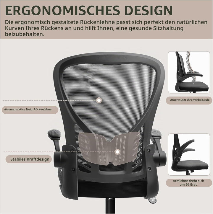 Bürostuhl Ergonomisch, Schreibtischstuhl mit Armlehnen, Drehbarer Sockel, 10cm Höhenverstellbarer Of