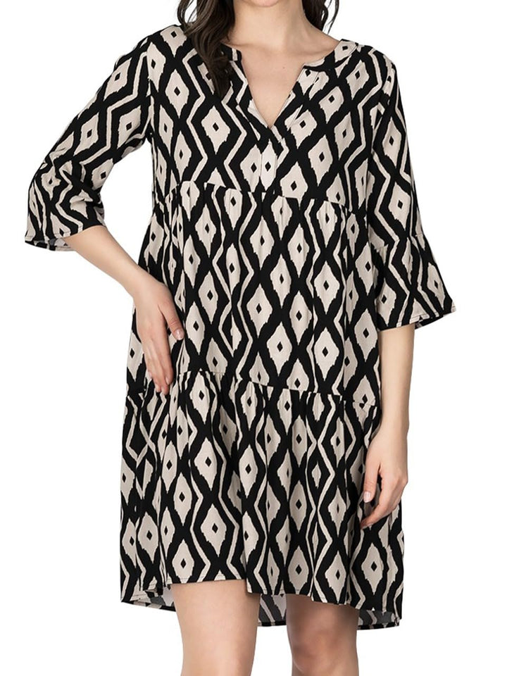 DENIMFY Sommerkleid Damen Knielang A Linie DFFrida 3/4 Ärmel Strandkleid Boho Tunika Kleid Sommer Mi