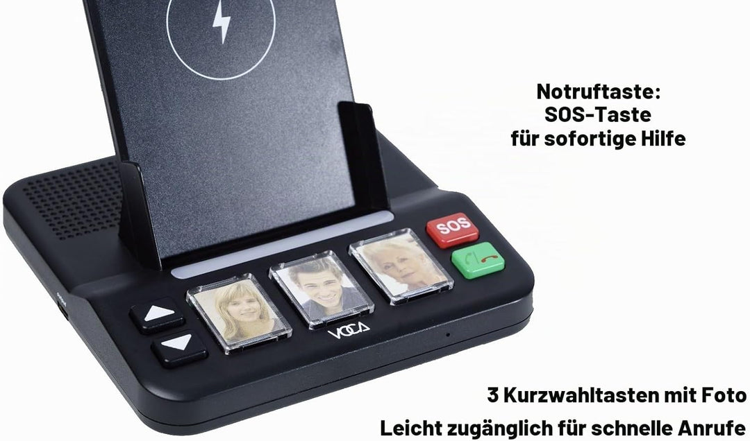 VOCA Senior Freisprechanlage mit 3 Geschwindigkeitswahl-Fototasten, Notruf, kabelloses Laden, Anrufa