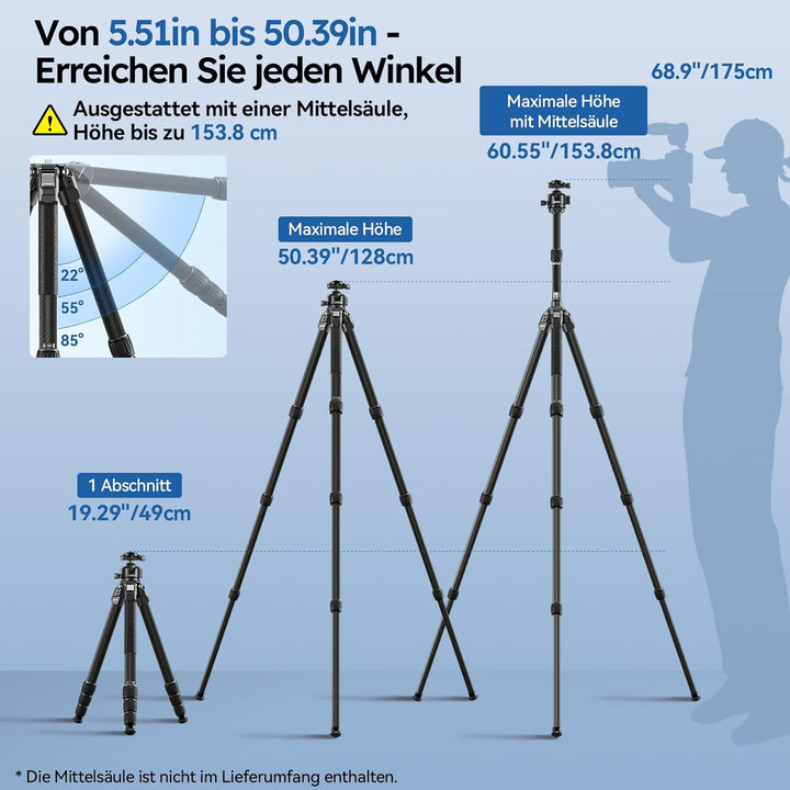 SIRUI Professionelles Carbon Fiber Stativ mit 43mm Flachkugelkopf, Max. 128cm Höhe, 20kg Traglast, U