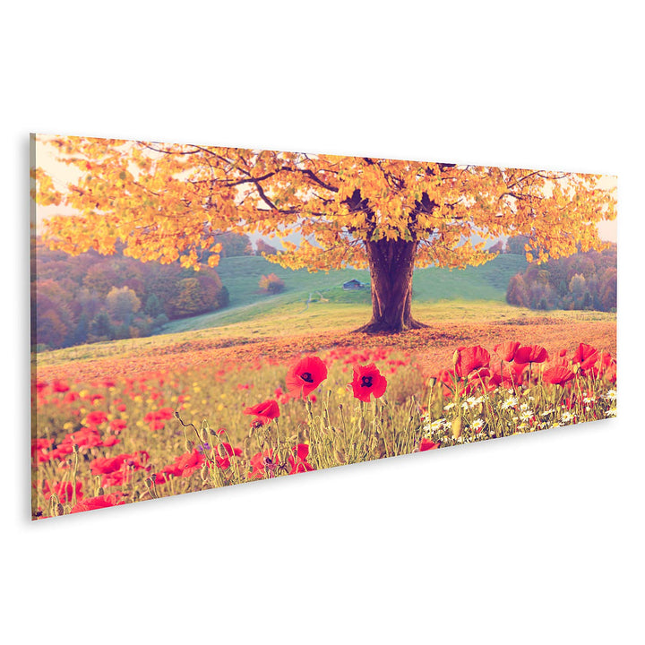 islandburner Bild auf Leinwand Schöne Landschaft Mohnblumen Baum Herbst Bilder Wandbilder Poster Lei