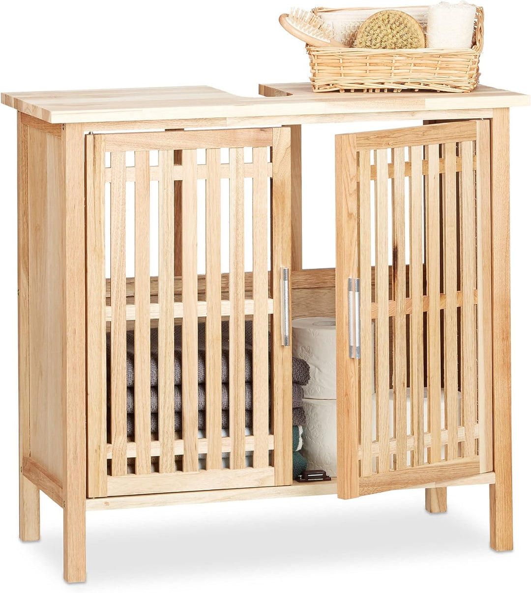 Relaxdays Waschbeckenunterschrank stehend, kleiner Unterschrank aus Walnuss, Badschrank mit Siphon-A