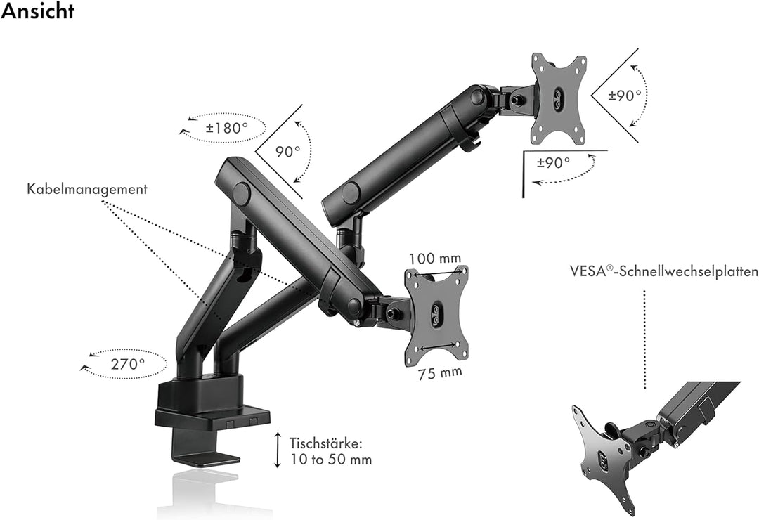 ICY BOX Monitor Halterung für 2 Monitore bis 32 Zoll (bis 8kg, VESA 75x75/100x100), Monitorständer a