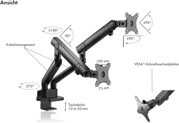 ICY BOX Monitor Halterung für 2 Monitore bis 32 Zoll (bis 8kg, VESA 75x75/100x100), Monitorständer a