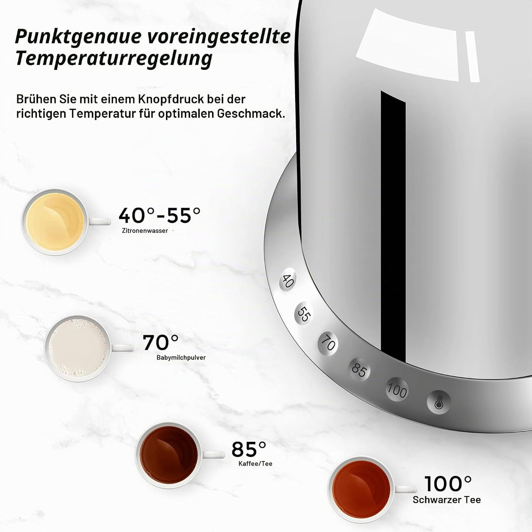 ASCOT Wasserkocher Edelstahl mit 5 variablen Voreinstellungen, Elektrischer Teekessel Kaffee Wasserk