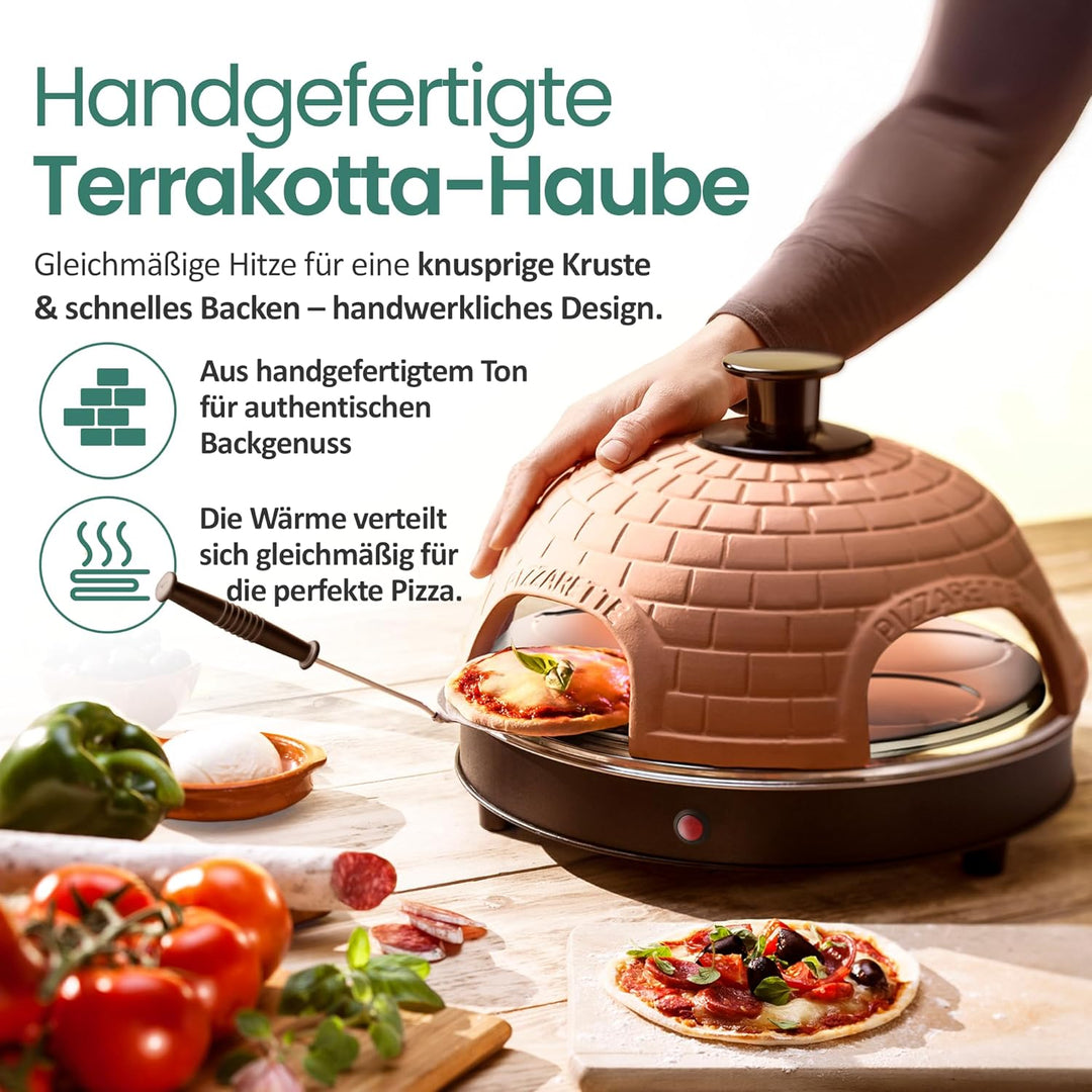 Emerio Pizzaofen, PIZZARETTE das Original, handgemachte Terracotta Tonhaube, patentiertes Design, fü