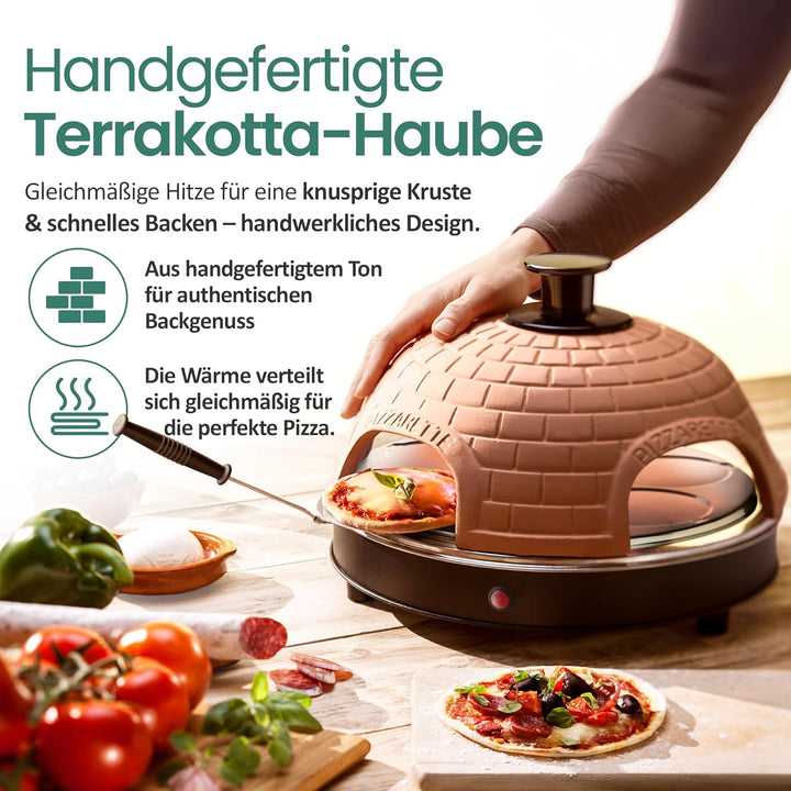 Emerio Pizzaofen, PIZZARETTE das Original, handgemachte Terracotta Tonhaube, patentiertes Design, fü
