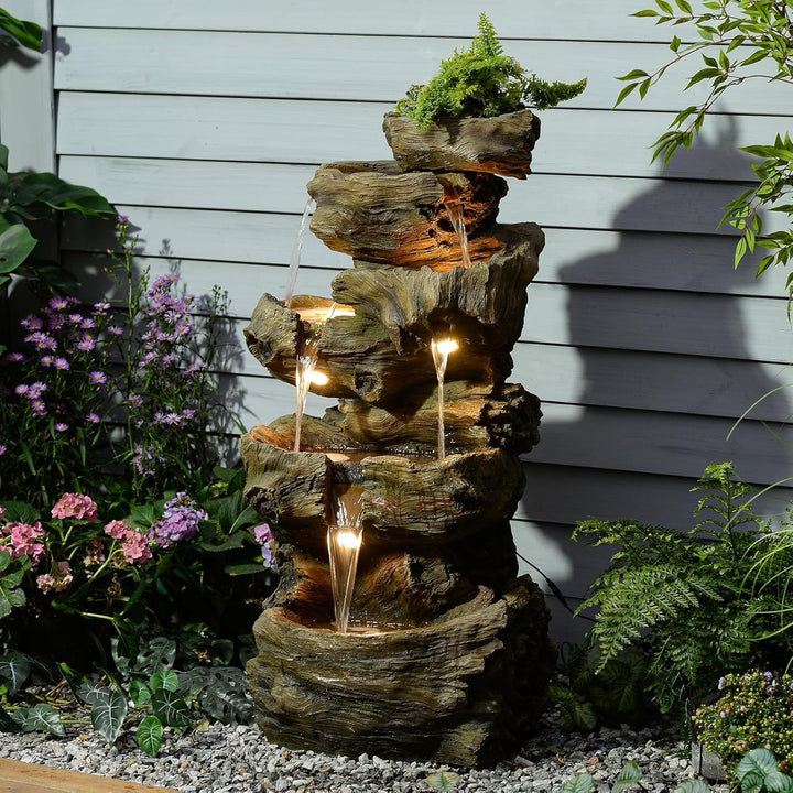 Sunlinua 103 cm H 4-stufiger Gartenbrunnen im Felsen-Look mit LED, Wasserfall und Springbrunnen für