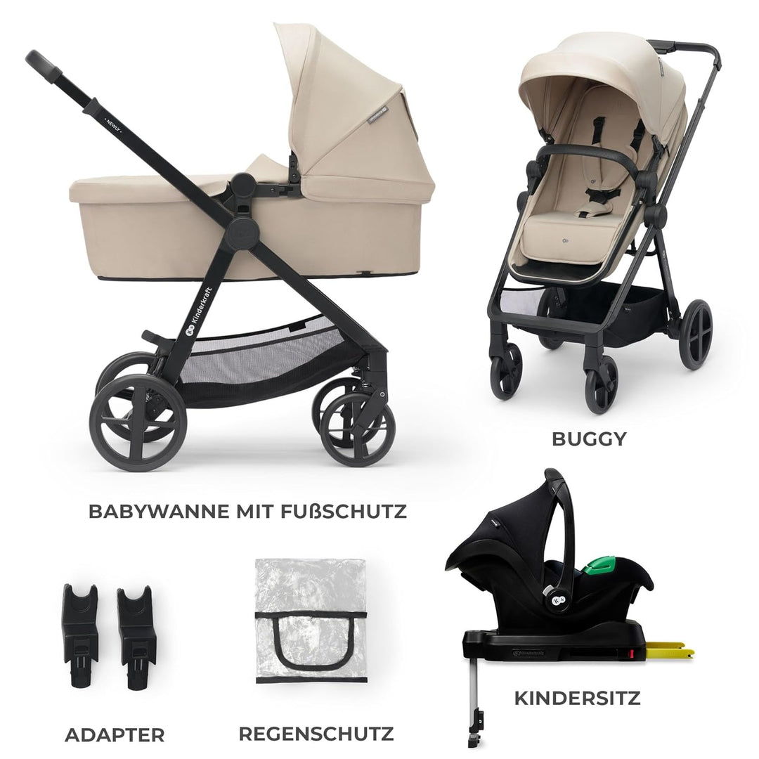 Kinderkraft NEWLY Kinderwagen 4 in 1, Komplettset bis 22 kg, Leicht Kombikinderwagen mit Babyschale